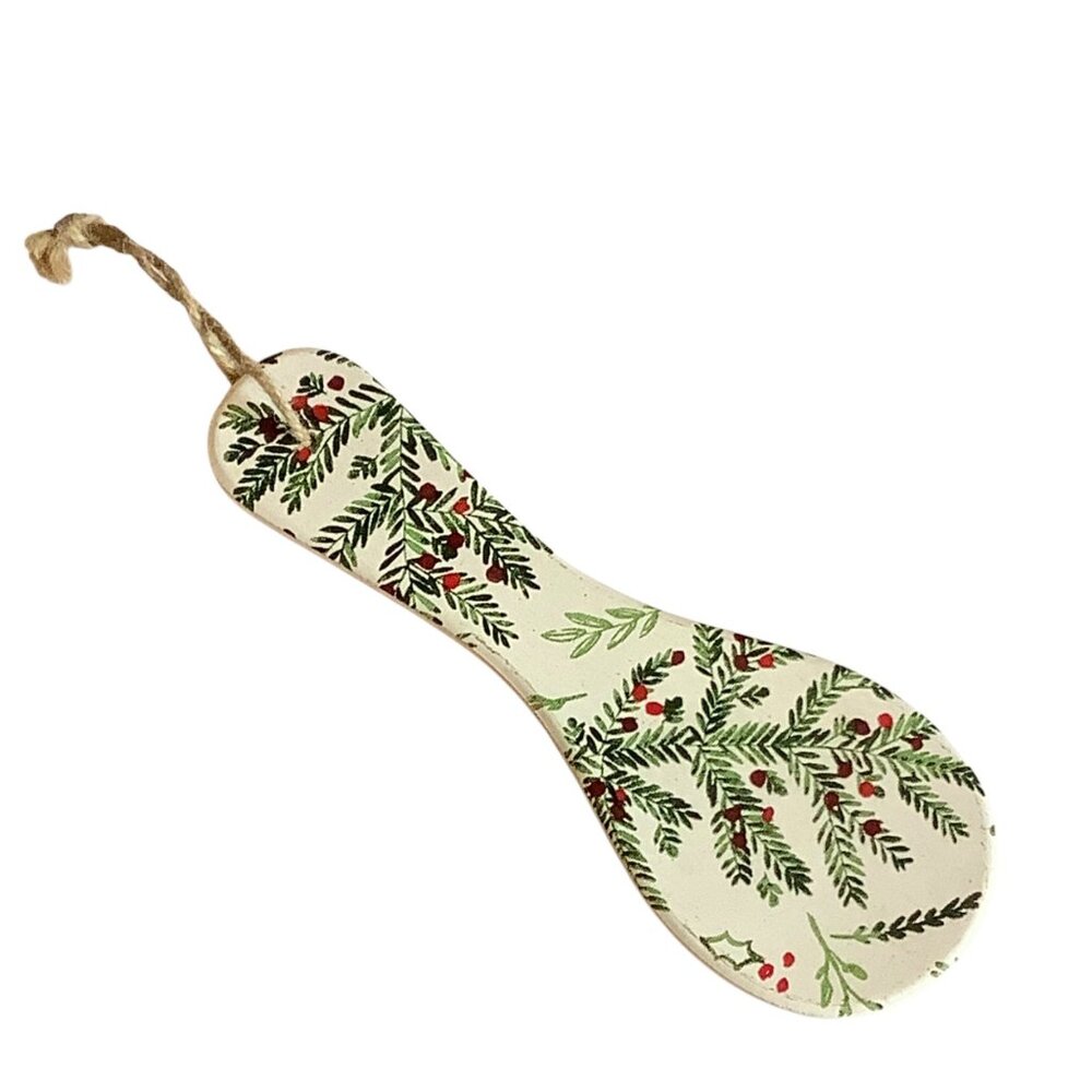 Ceramic Spoon Rest With‎ Holiday Greenery & Berry Design 11” The Handmade Market